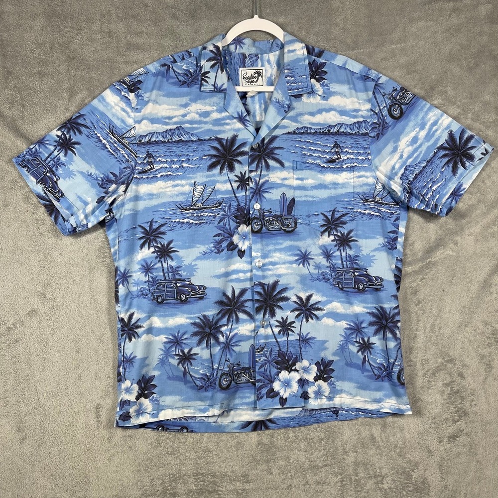 Paradise‎ Style Hawaii Shirt Mens Large Blue Scenic Surf Woodie Wagon Motorcycle